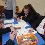 Photograph of pupils discussing and writing down what made them feel stressed or ‘down’