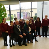 Group photograph of Alderman John Smyth, Mrs Joan Christie and the pupils at the end of their visit