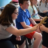 Photograph of pupils holding and petting owls and snakes.